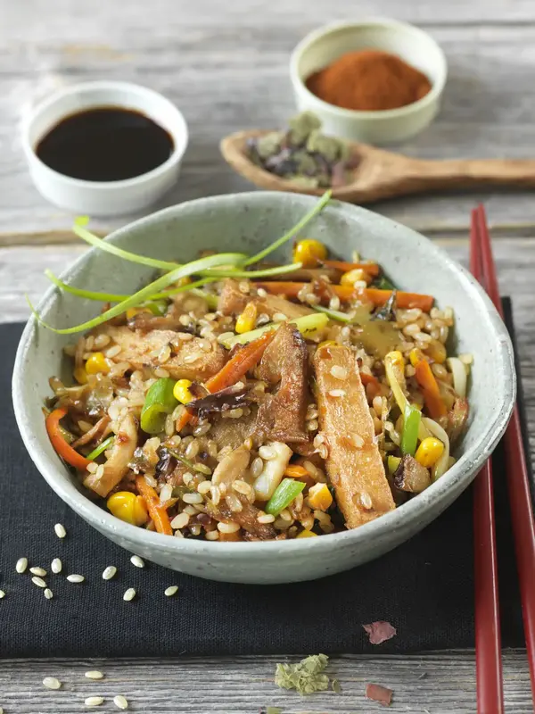 Filet de tofu et riz aux légumes à la japonaise